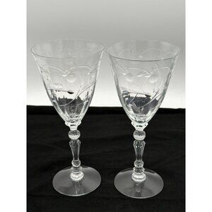 Vintage Etched Crystal Wine Glasses With Ornate Stems Set Of 2 Elegant Design Sl